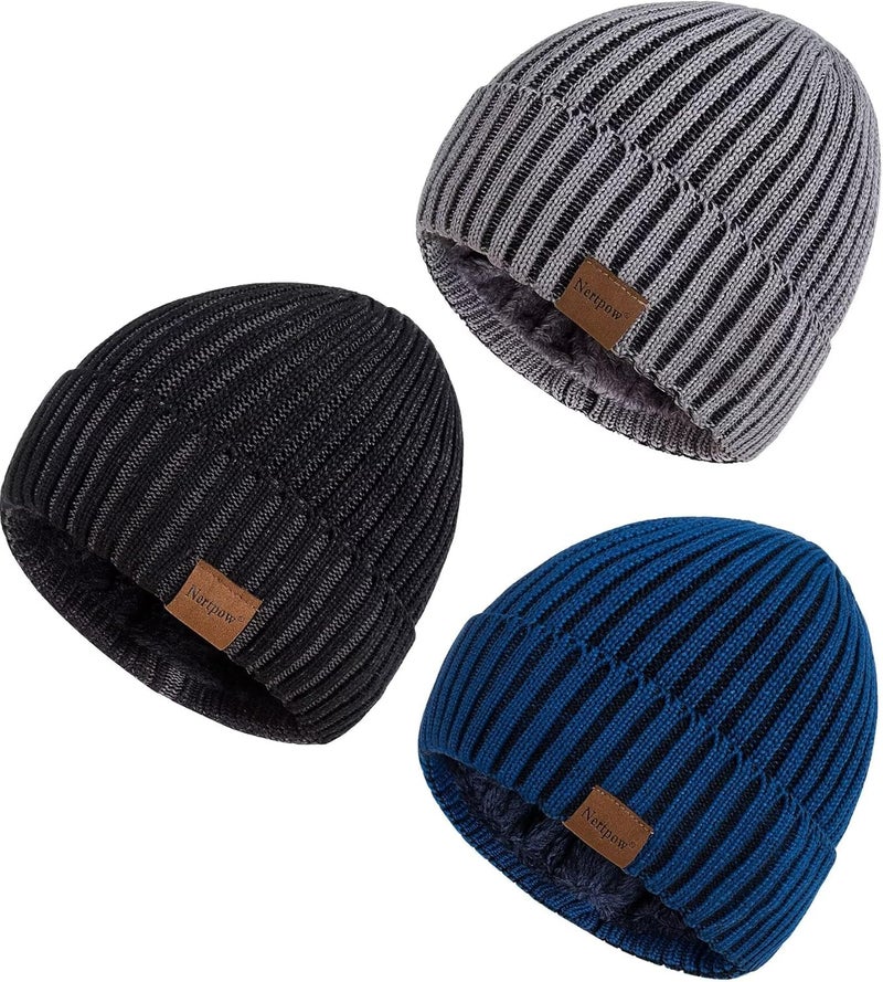 Nertpow Mens Beanie Hats 3 Pack, Winter Hats for Men Women Warm Thermal Fleece Lined, Thick Knit Fashion Skull Cap for Guys - Image 1